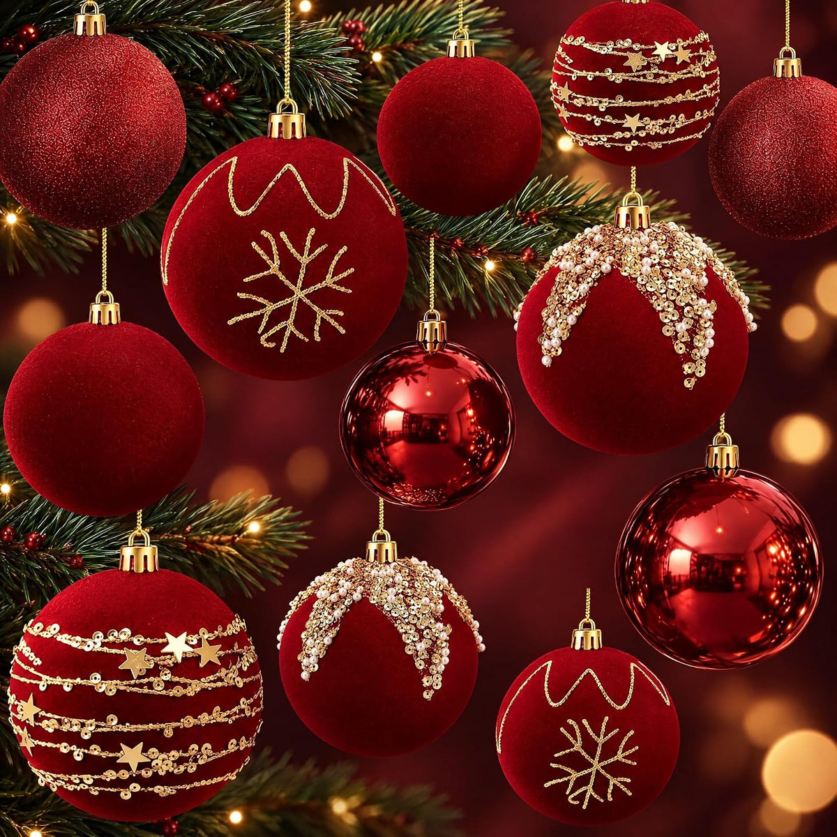 Syhood 12 Pcs Burgundy Velvet Christmas Ball 3.15 Inch Flocked Ornament