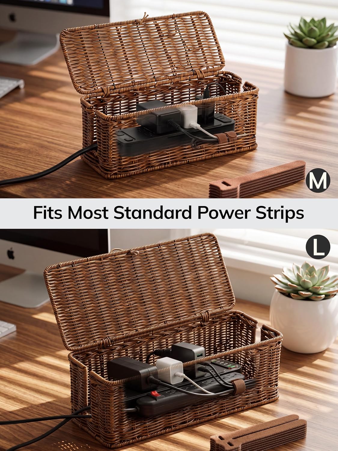 BROWNLILY Cable Management Box, Rattan Style Cord Organizer for Desk Cord Hider Outlet Covers for Power Strip Router Charger Under Desk Storage with Lockable Lid & Cable Ties(Braided Edging,Brown,Set)