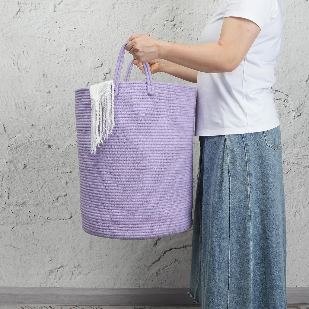 Woven Cotton Rope Laundry Basket, 15" x 20" Laundry Hamper, Purple