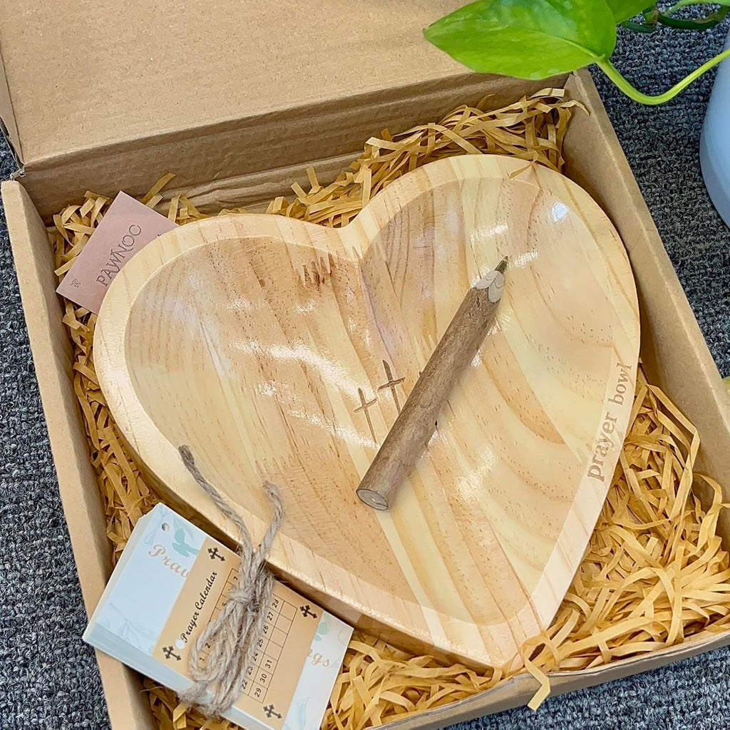 Heart Prayer Bowl with 30 Cards, Light Wood, Christian Gift