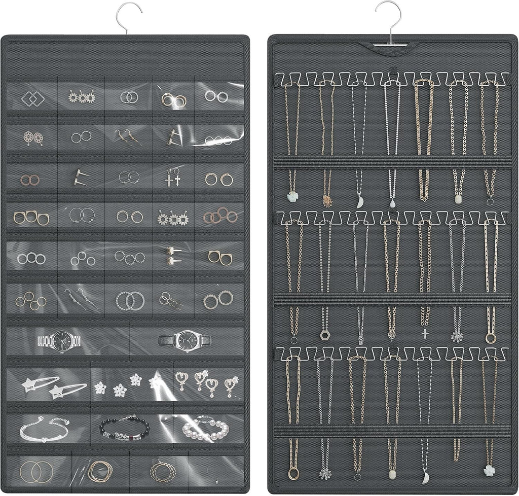 Hanging Jewelry Organizer, Double-Sided Necklaces Holder, Dark Gray