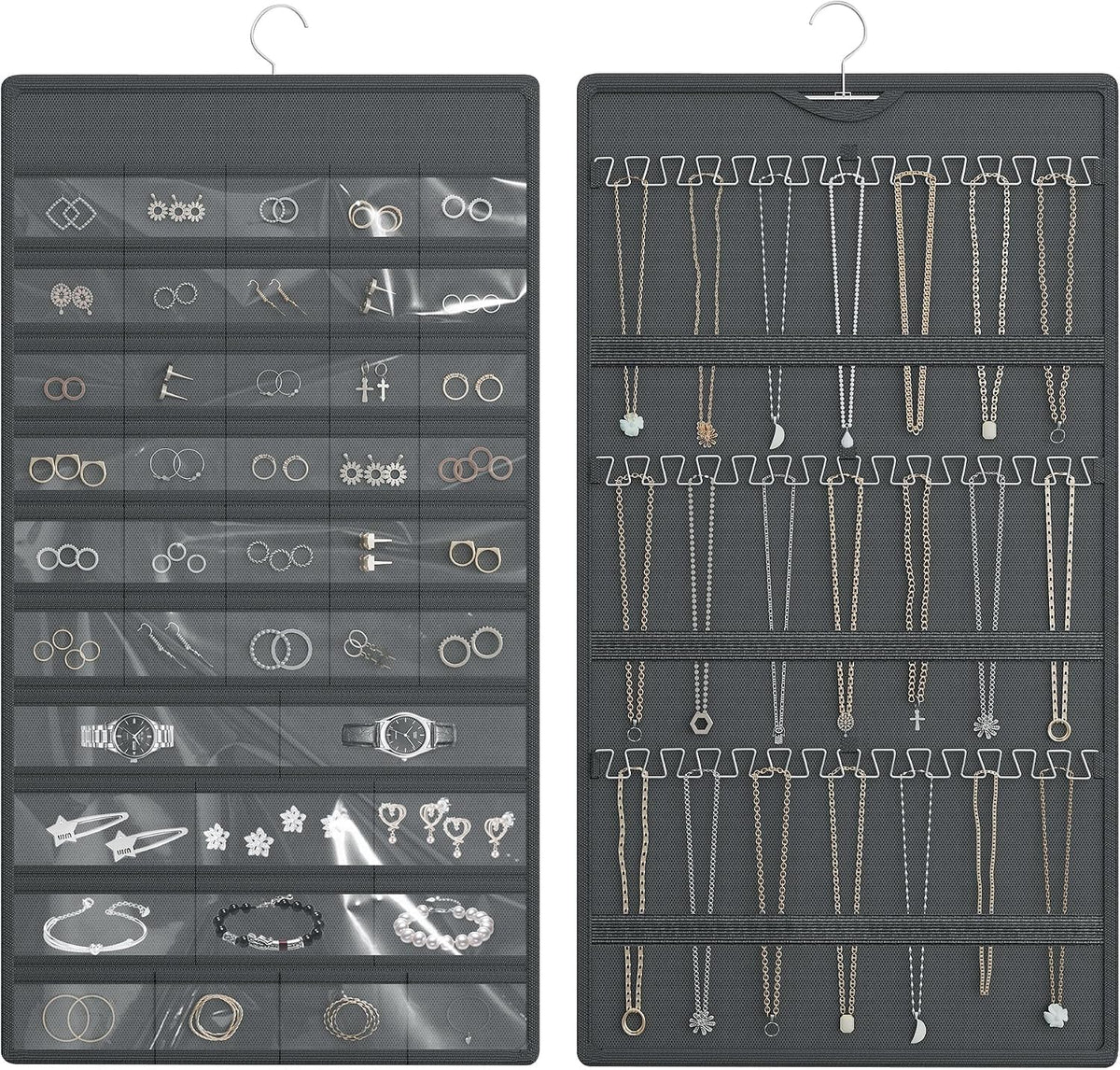 Hanging Jewelry Organizer, Double-Sided Necklaces Holder, Dark Gray