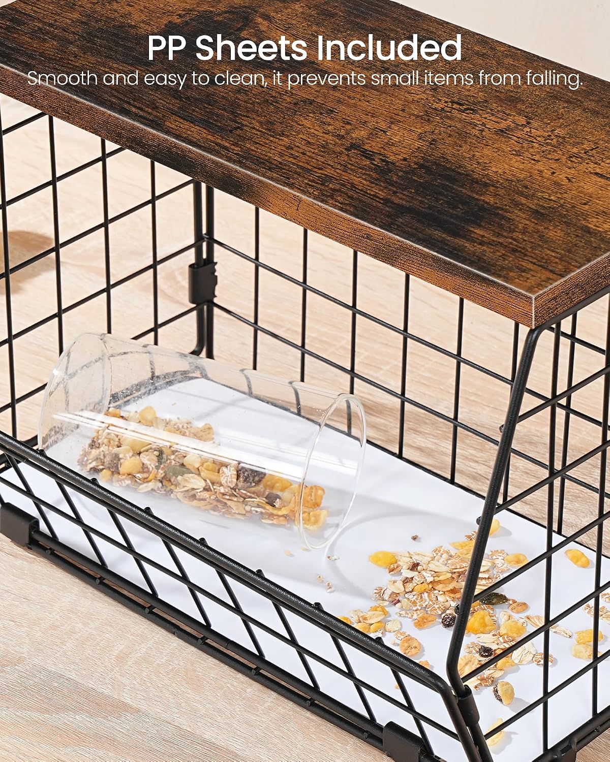 CHOEZON 2-Tier Fruit Basket for Kitchen, Stackable Hanging Basket Wire Baskets with Wooden Lid, Wall-Mounted Kitchen Counter Organizer for Fruit, Vegetable Storage, Rustic Brown and Black TCW02P2BF