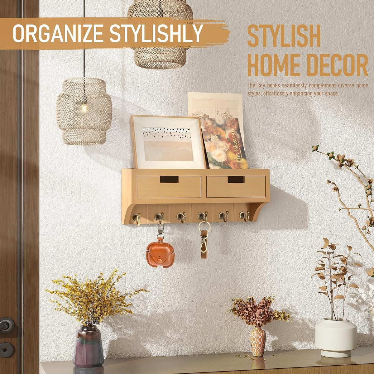 Rebee Vision Key Holder Wall Mount with Drawers for Room Decor, Light Brown