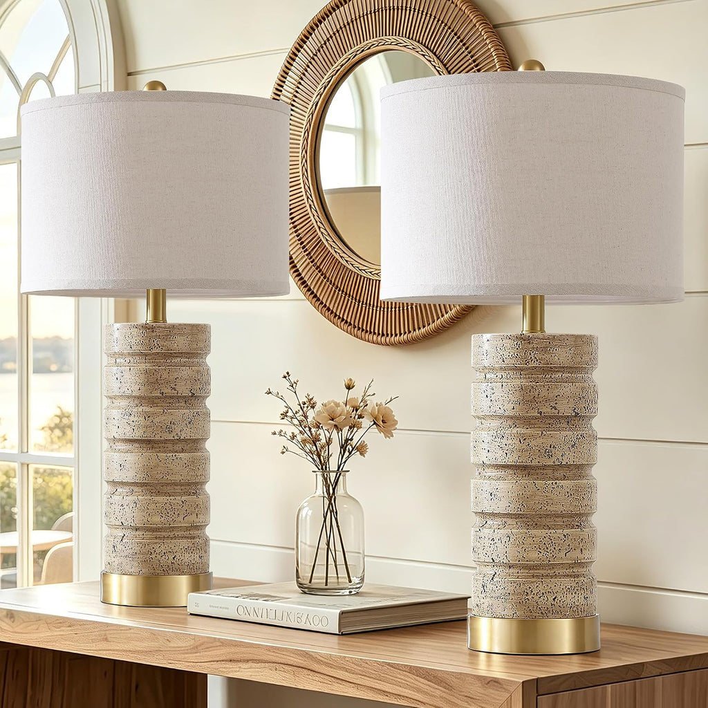 AIEAMPDO 26" Set of 2 Travertine Resin Table Lamps for Bedroom, Brass Base