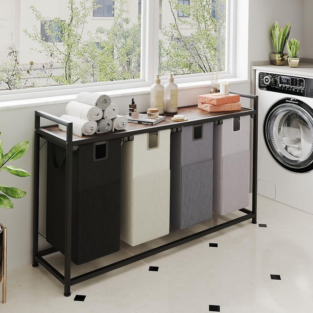 4 Bin Laundry Hamper w/Folding Table, Laundry Basket w/Removable Bags