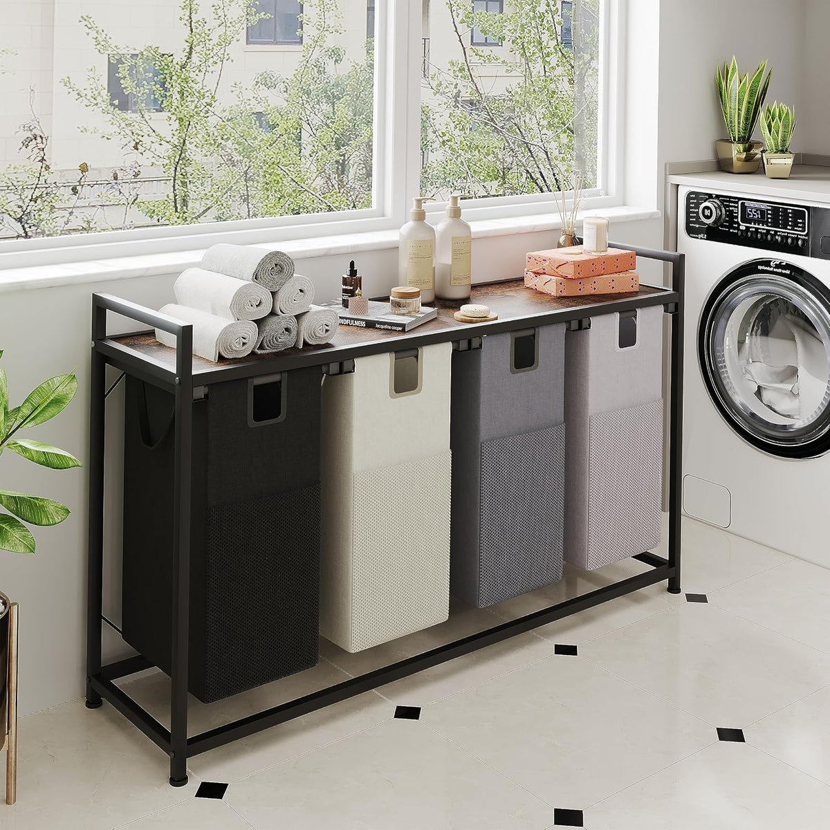 4 Bin Laundry Hamper w/Folding Table, Laundry Basket w/Removable Bags