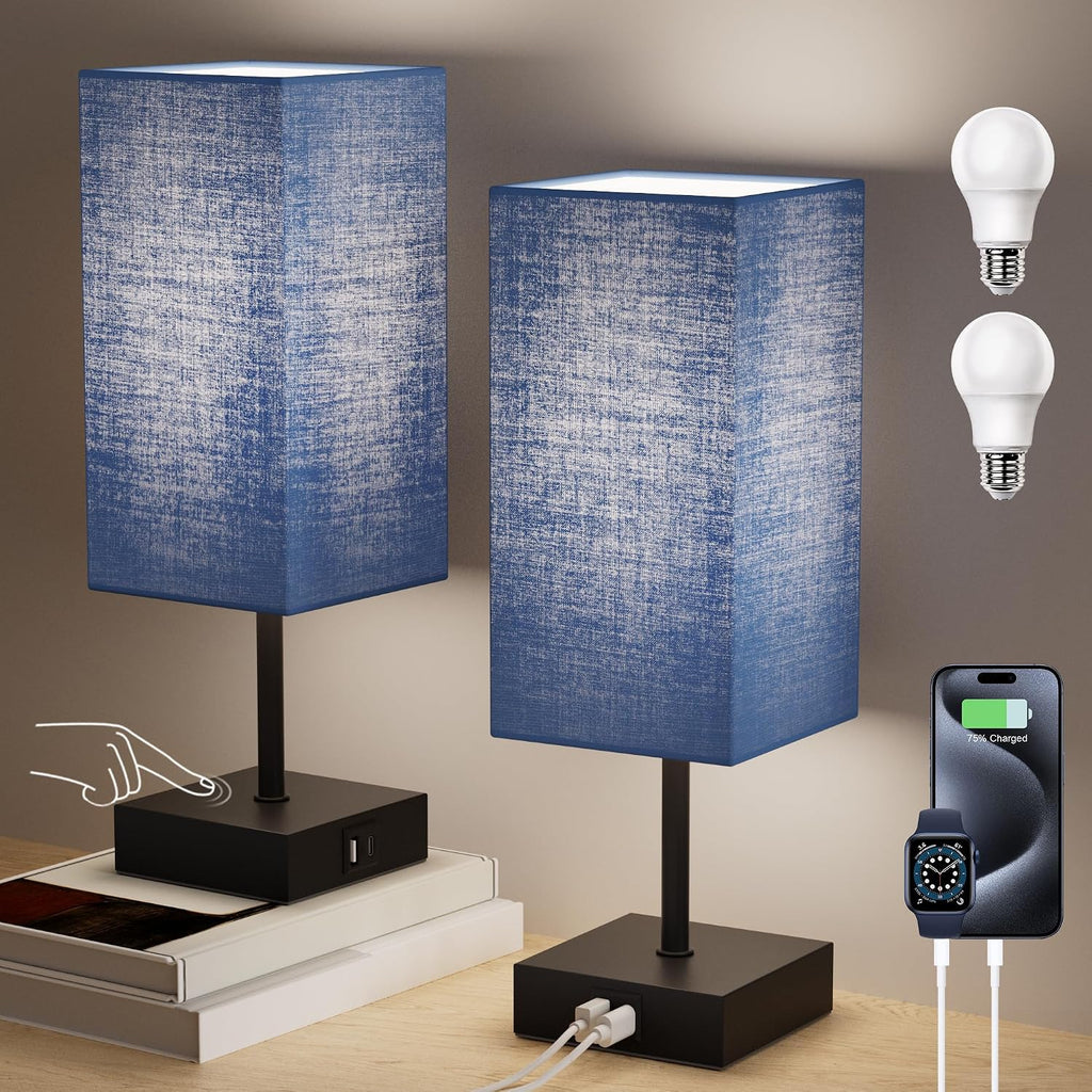 Touch Bedside Table Lamp for Bedroom, 14-Inch, Navy Blue Set of 2