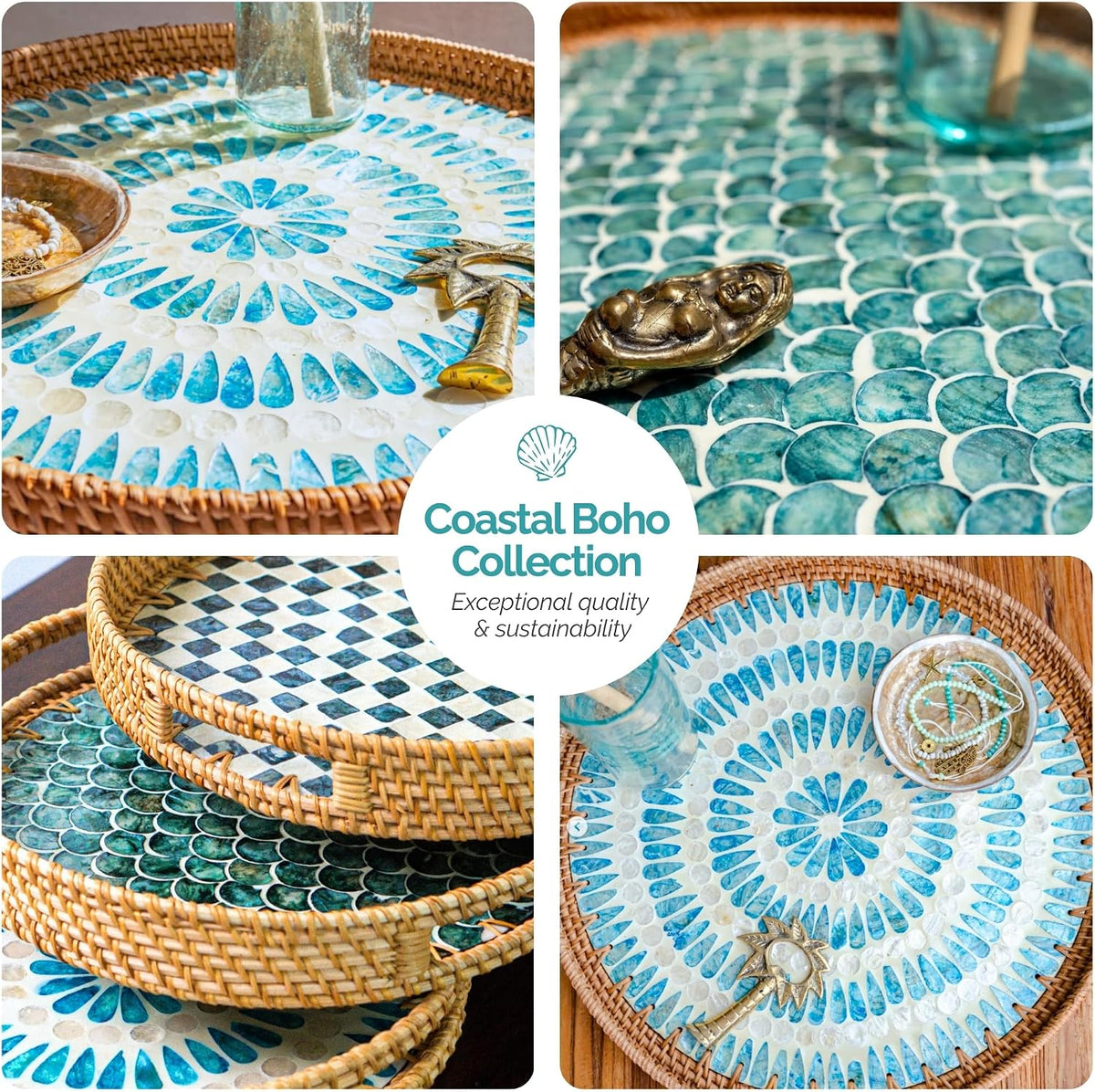 JUNGLE CULTURE Round Rattan Tray with Mother of Pearl Inlay • Cascade 14"