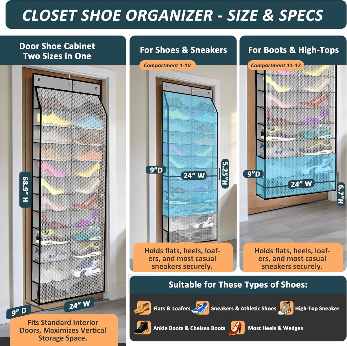 Kotkn 24-Pair Over Door Shoe Organizer for Family & Kids, Double Sided | Hanging Storage for Sneakers, Boots, Toys & Room Organization-Graphite Gray