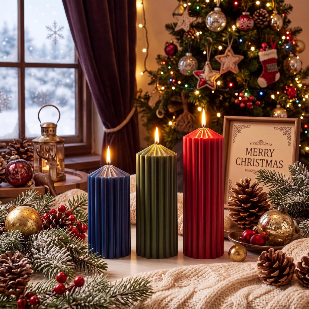 Mtlee 3 Pack Christmas Ribbed Pillar Candles Soy Wax Ribbed Candle
