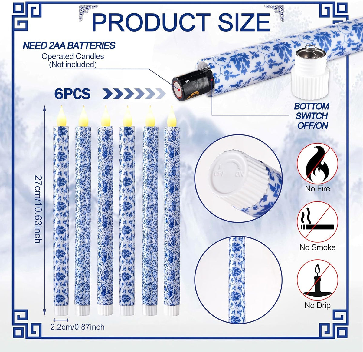6 Pcs Blue and White Chinoiserie Flameless Candles – 10.6 Inch Porcelain Style Taper Candlesticks, Battery Operated LED Blue Candles for Wedding, Home & Table Centerpiece Decor