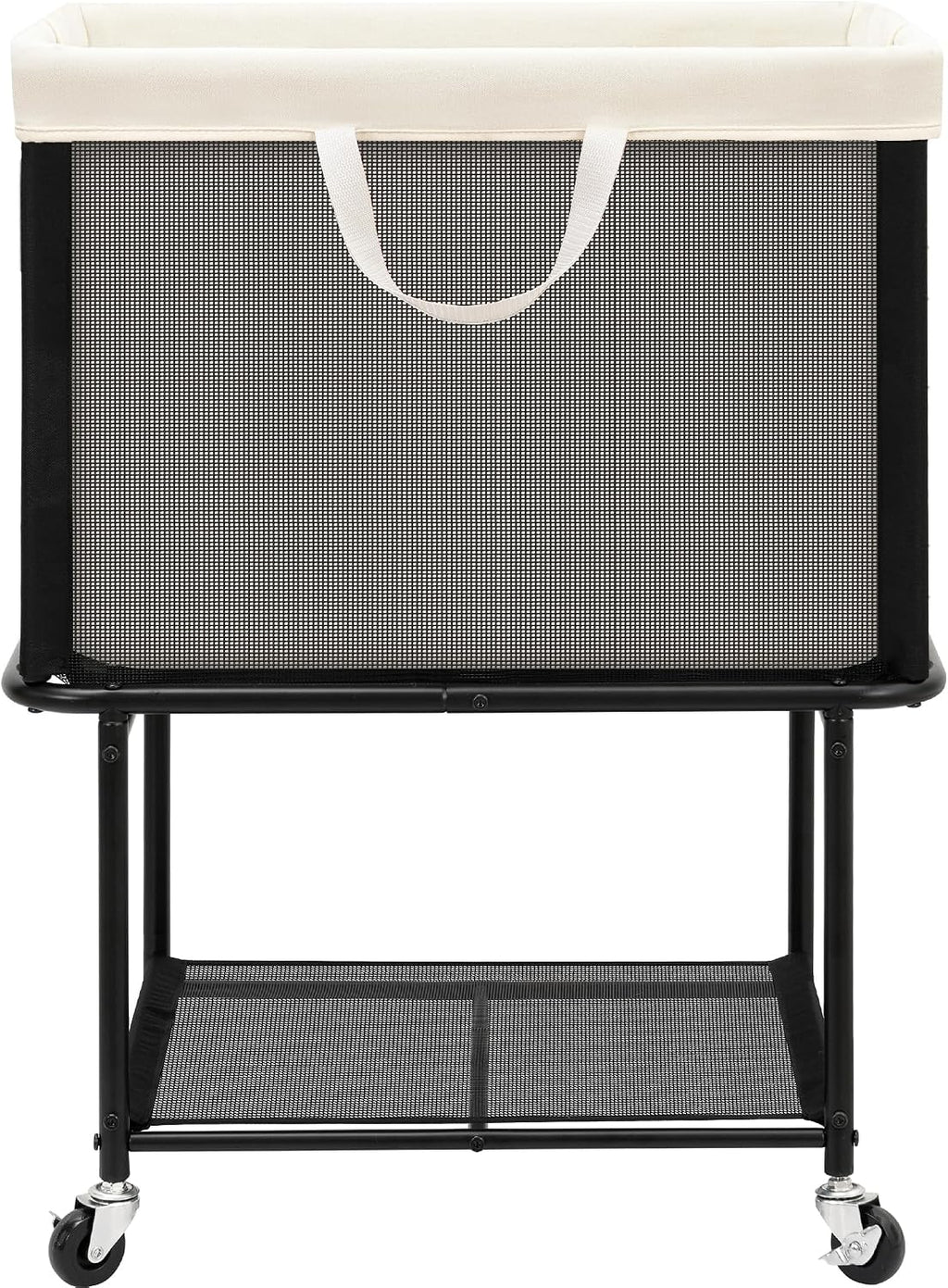 STO STO Rolling Laundry Hamper with Lockable Wheels, 29-Gallon (110L) Laundry Cart with Removable Canvas Bag, 2-Tier Clothes Basket Hamper with Shelf for Closet, Bedroom, Bathroom, Laundry Room, Beige