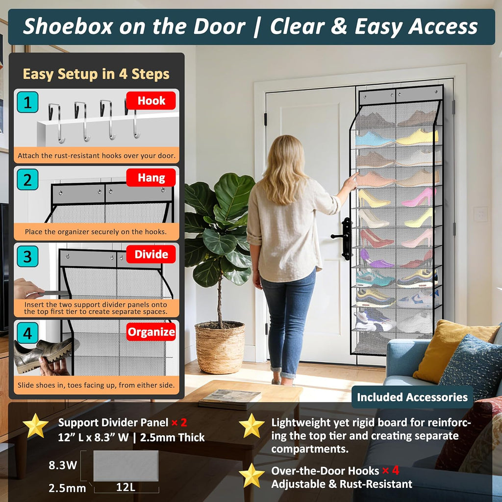 Kotkn 24-Pair Over Door Shoe Organizer for Family & Kids, Double Sided | Hanging Storage for Sneakers, Boots, Toys & Room Organization-Graphite Gray