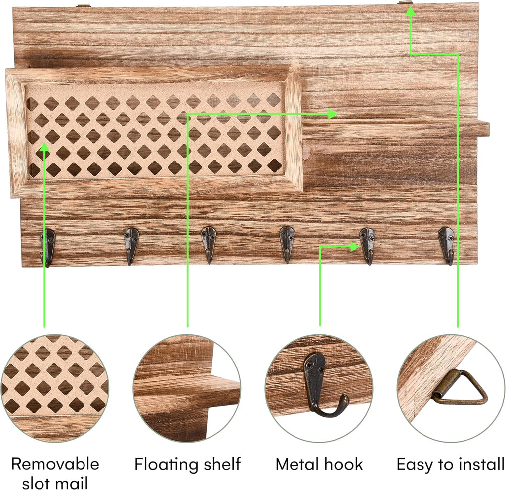 Wooden Key Holder Wall Mount - 9"x16"x2.5" - Brown - Hanging Mail Sorter and Key Holder for Wall - Hallway Hanger Shelf with Coat Hooks - Decorative Organizer Rack