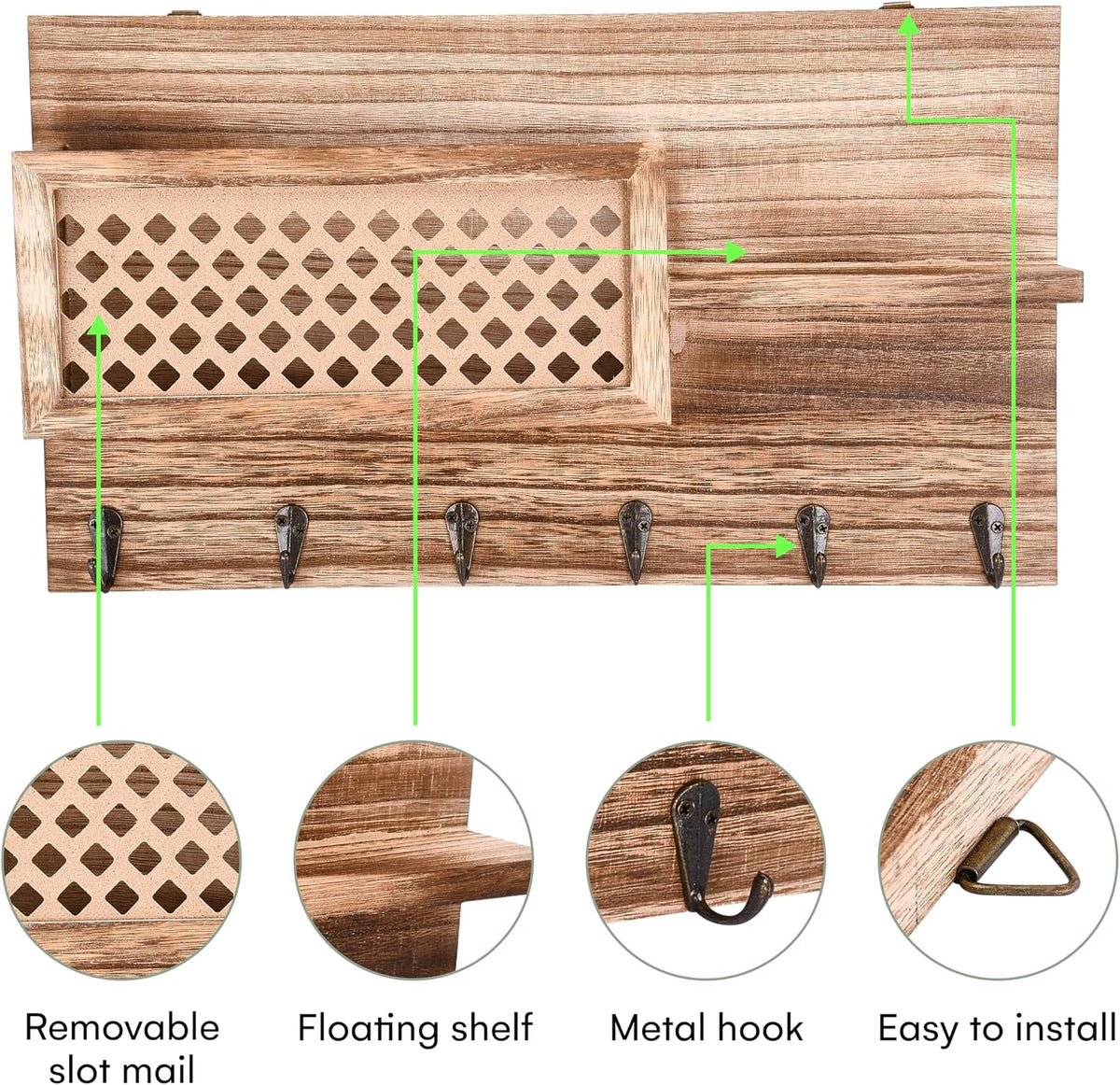 Wooden Key Holder Wall Mount - 9"x16"x2.5" - Brown - Hanging Mail Sorter and Key Holder for Wall - Hallway Hanger Shelf with Coat Hooks - Decorative Organizer Rack
