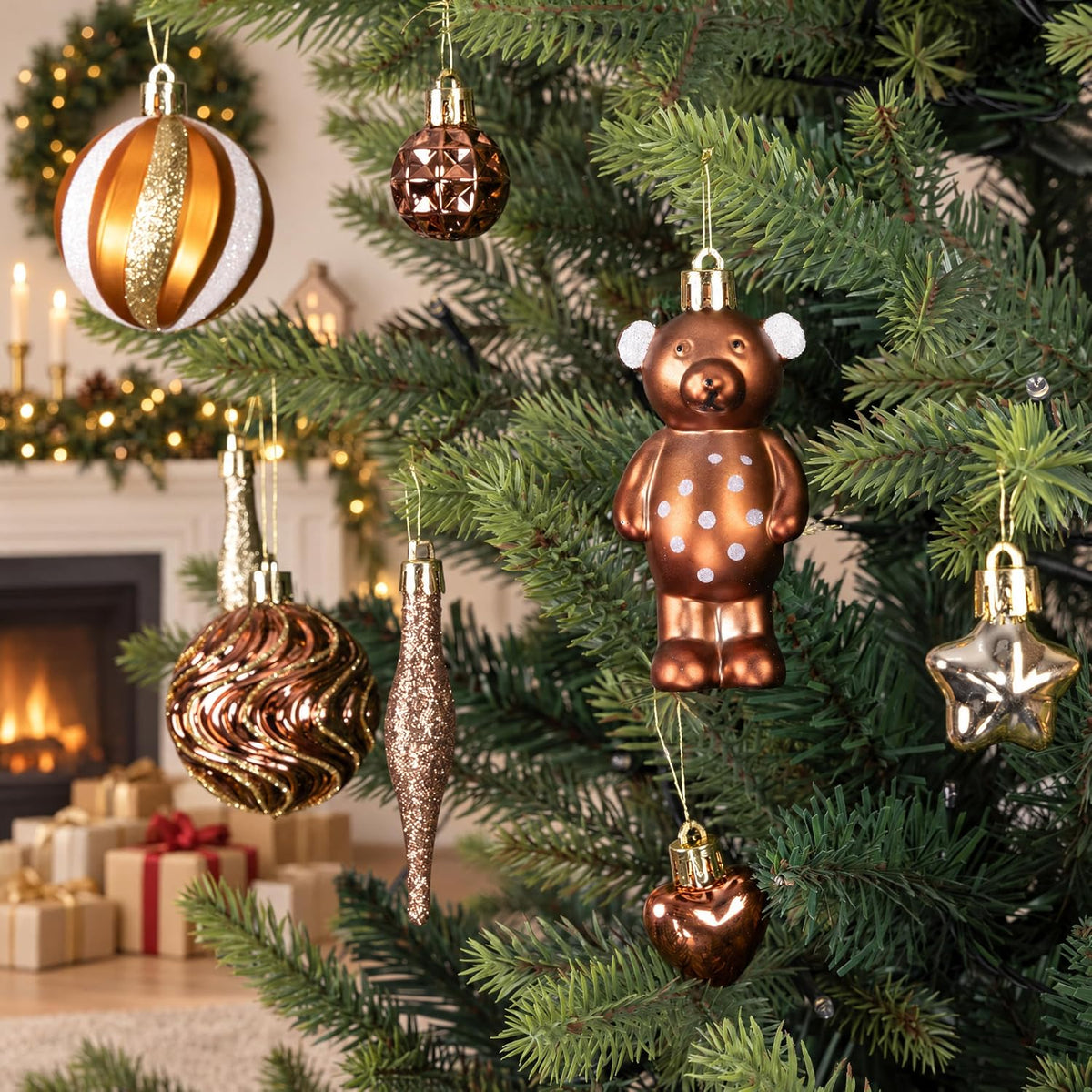 46PCS Christmas Ornament Set, Bronze Hanging Decorations