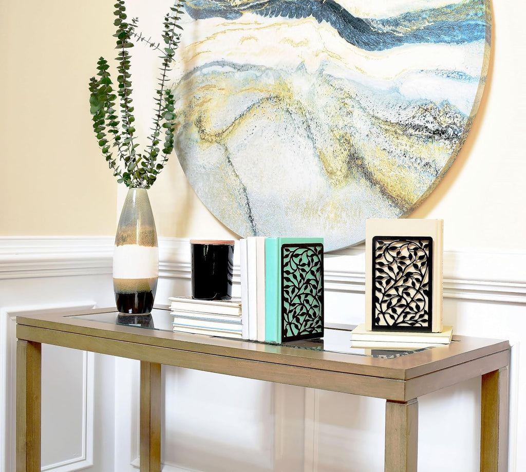 CNK Book Ends for Shelves - Metal Holders for Home Office Heavy Books, Shelf Stoppers, Decorative Set of 2 Black Infinite Leaves Bookends