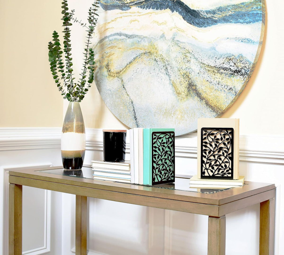 CNK Book Ends for Shelves - Metal Holders for Home Office Heavy Books, Shelf Stoppers, Decorative Set of 2 Black Infinite Leaves Bookends
