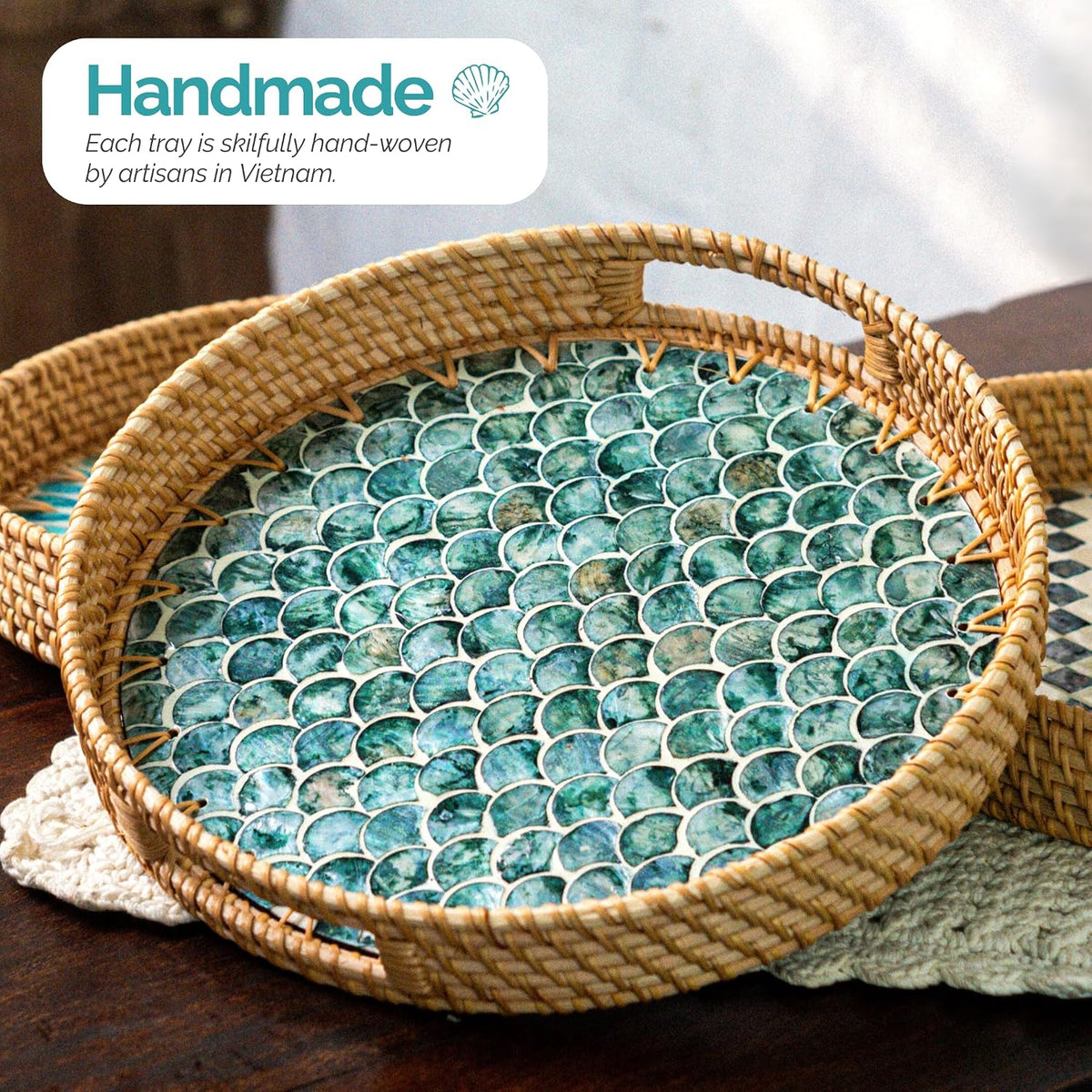 JUNGLE CULTURE Round Rattan Tray with Mother of Pearl Inlay • Cascade 14"