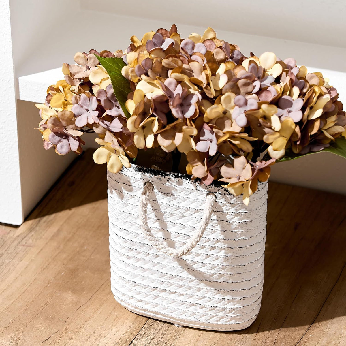 Vaseking Elegant White Petite Vase, 6.6 inch Ceramic Modern Minimalism Basket Vase with Hanging Rope, Creative Tote Bag Vases for Home Decor, Living Room, Wedding, Bookshelf Decor