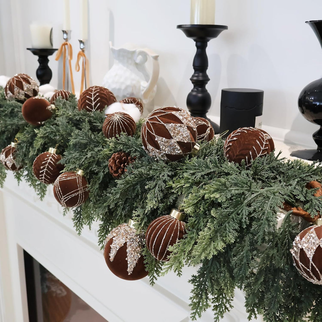 3.15IN Velvet Christmas Ornaments with Glitter, 12pcs Flocked Ornaments Set