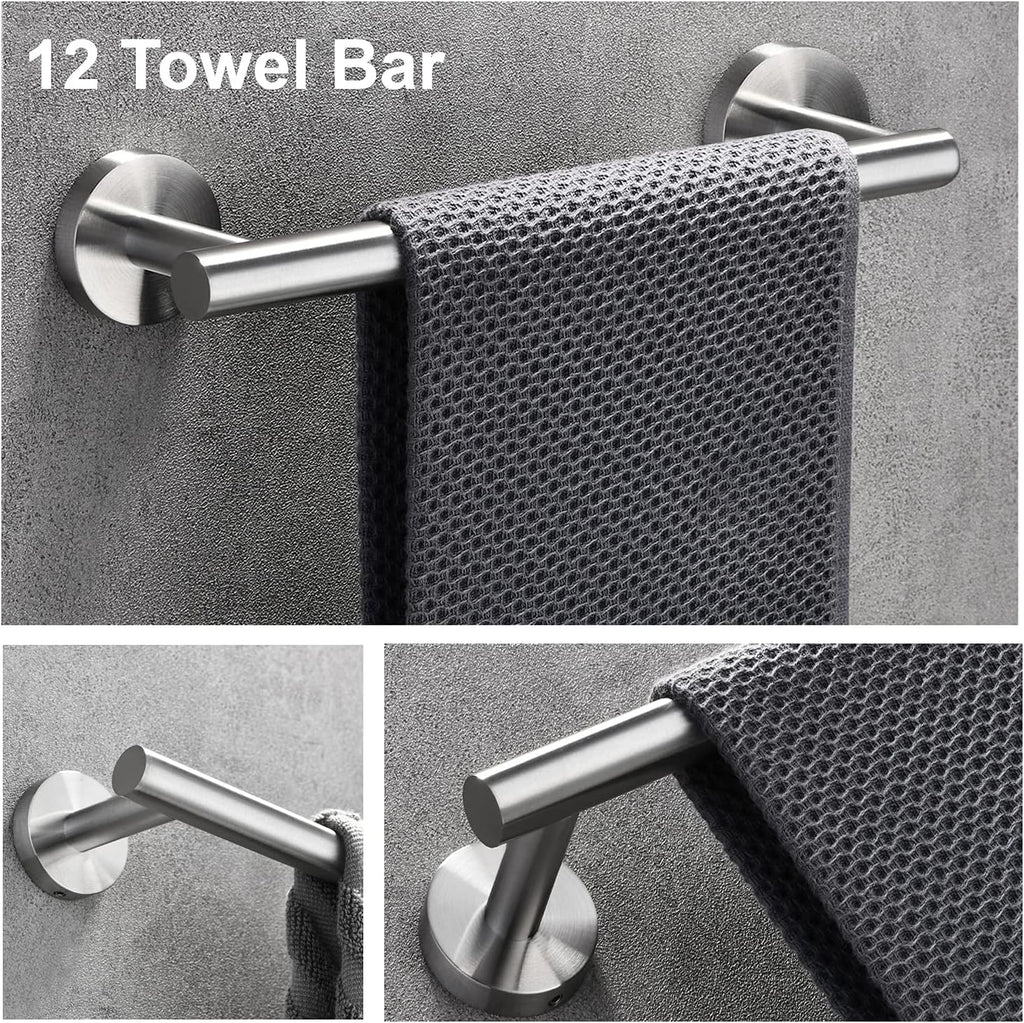 Nolimas 3-Pieces Set Brushed Nickel Bathroom Hardware SUS304 Stainless Steel Round Wall Mounted - Includes 12" Hand Towel Bar, Toilet Paper Holder, Robe Towel Hooks,Bathroom Accessories Kit