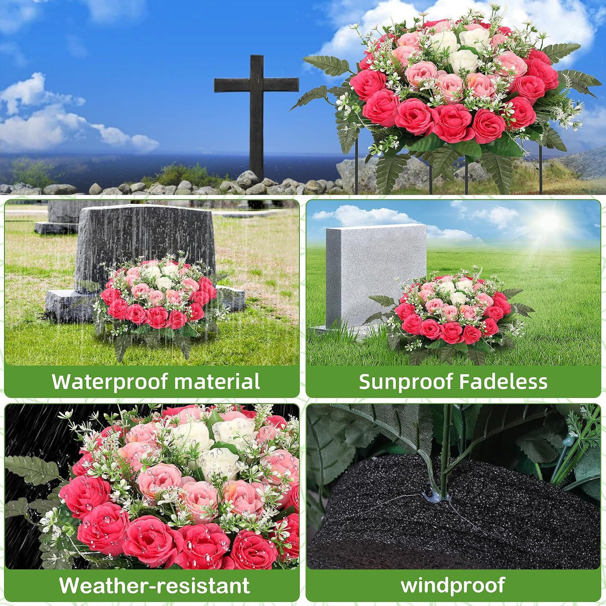 Lodou Artificial Cemetery Flowers,Silk Memorial Cake for Cemetery,Artificial Flower Centrepieces for Tables,Artificial Rose Graveyard Memorial Flowers for Headstones Decoration (Pink)