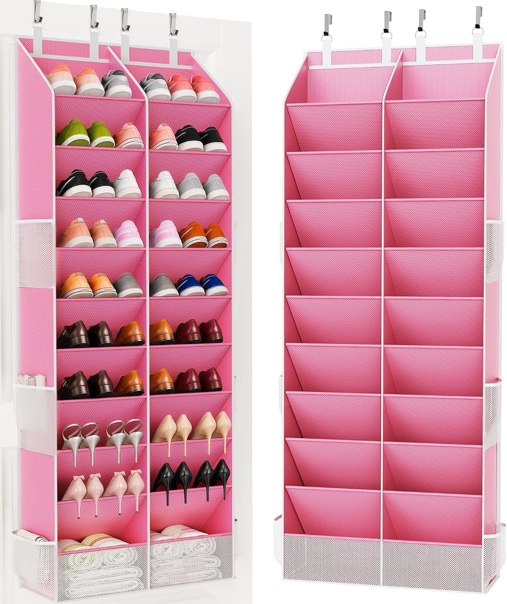 Criusia Over the Door Shoe Organizer, 20-30 Pairs Heavy-Duty Hanging Shoe Storage with Large Pockets, 10-Tier Door Shoe Rack with 4 Hooks for Sneakers Sandals Heels Boots (Pink)