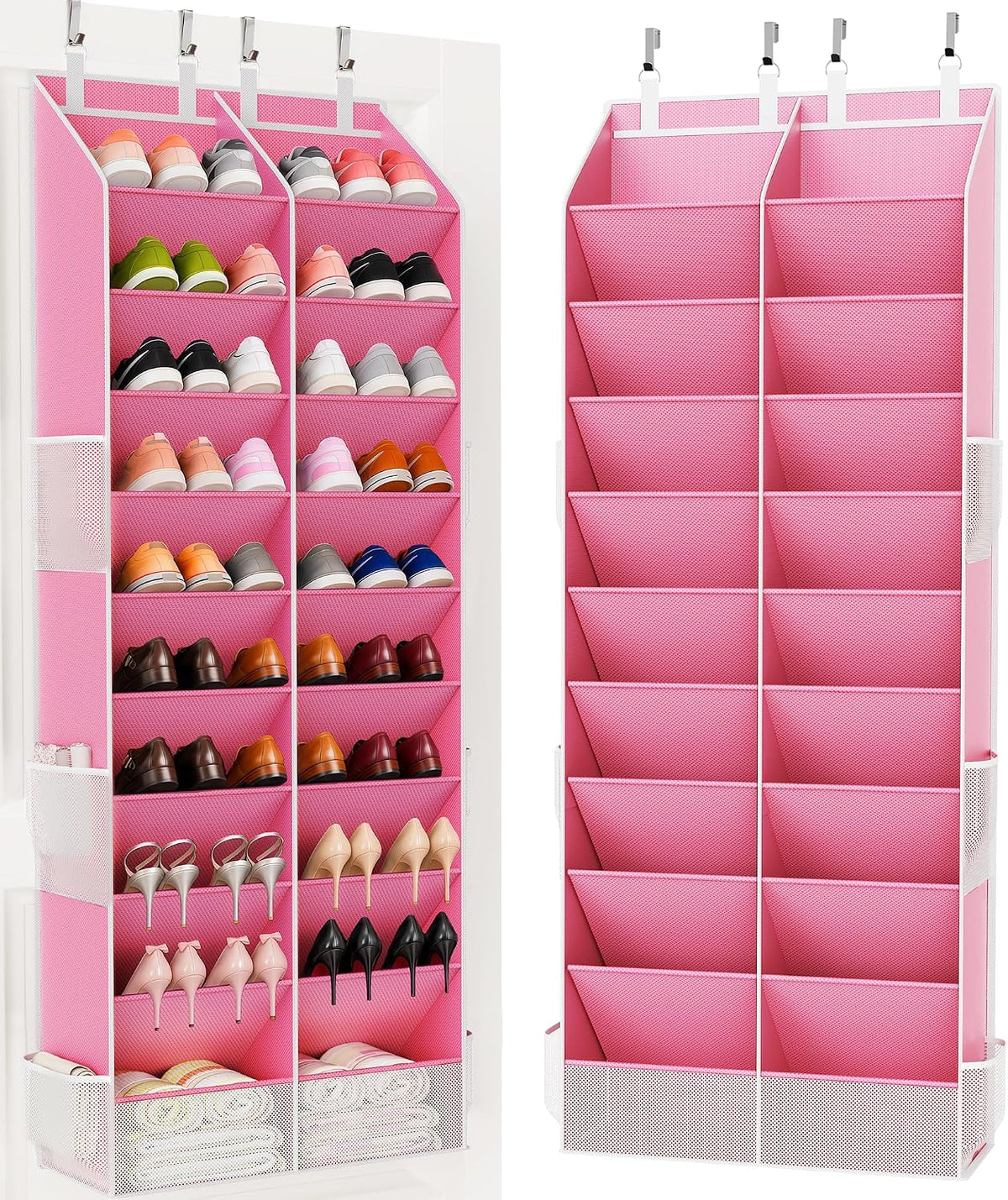 Criusia Over the Door Shoe Organizer, 20-30 Pairs Heavy-Duty Hanging Shoe Storage with Large Pockets, 10-Tier Door Shoe Rack with 4 Hooks for Sneakers Sandals Heels Boots (Pink)