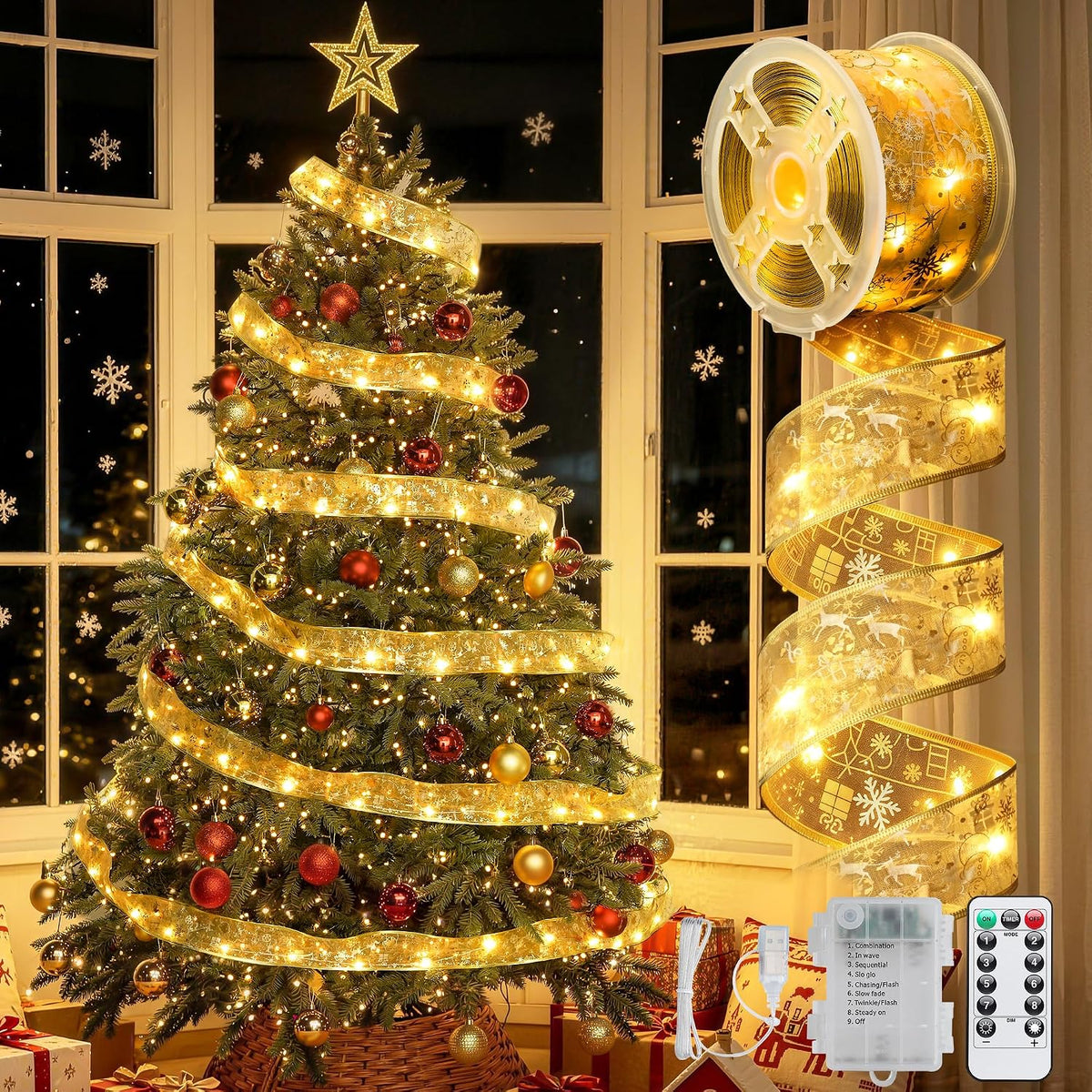 JMEXSUSS Christmas Decor 66Ft 200 LED 2.5Inch Christmas Tree Ribbon Lights