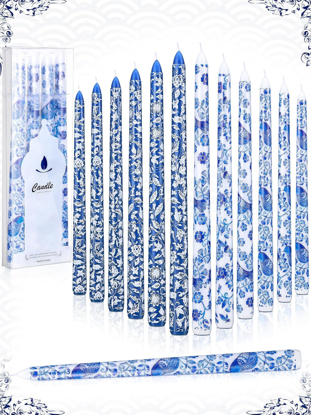 Conelist 12 Pcs 12 Inch Chinoiserie Taper Candles Blue and White Candle