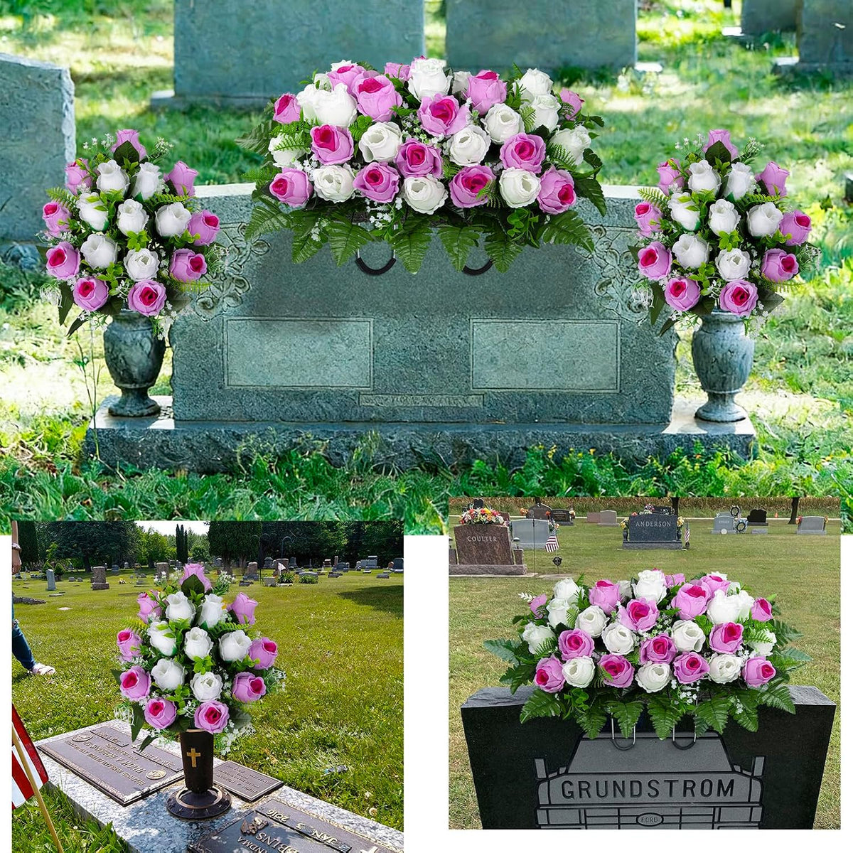 Artificial Cemetery Flowers Saddle Grave Memorial Rose Flowers with Vase for Cemetery Headstones Gravesites Decoration (White&Pink, 1 Saddle & 2Bouquets with Vase)