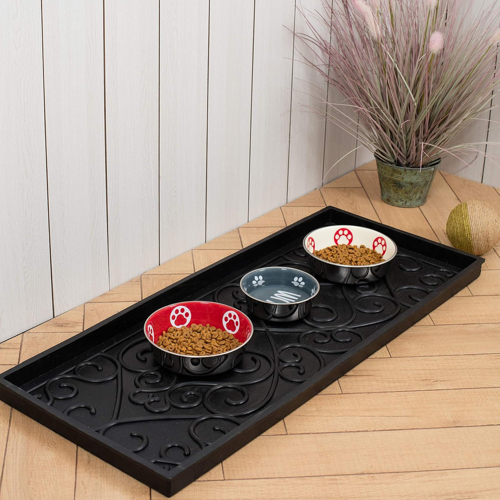Anji Mountain Rubber Boot Tray with Coir, Fits 3 pair (34.5” wide), Blue & Ivory Insert