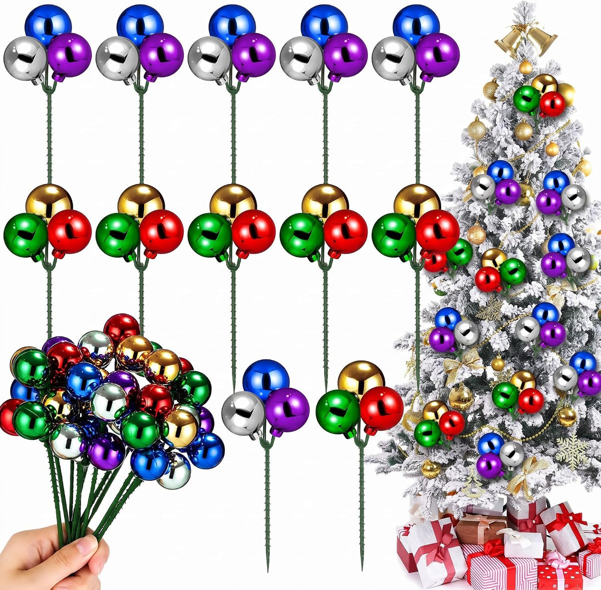 Syhood 12 Sets 7.9 Inch Colorful Christmas Ball Picks and Sprays Decoration