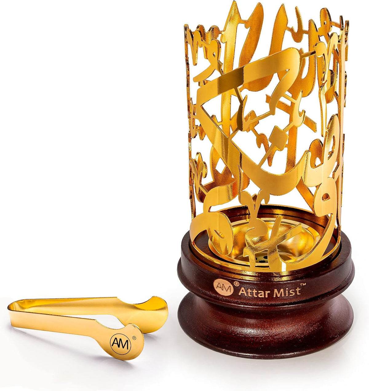 AM Bakhoor Calligraphy Incense Burner - Metalic Resin Cone Holder | Wooden Base | Frankincense Charcoal Burner (Mabkhara) | Spiritual Gifts for Office & Home Decor (Gold)
