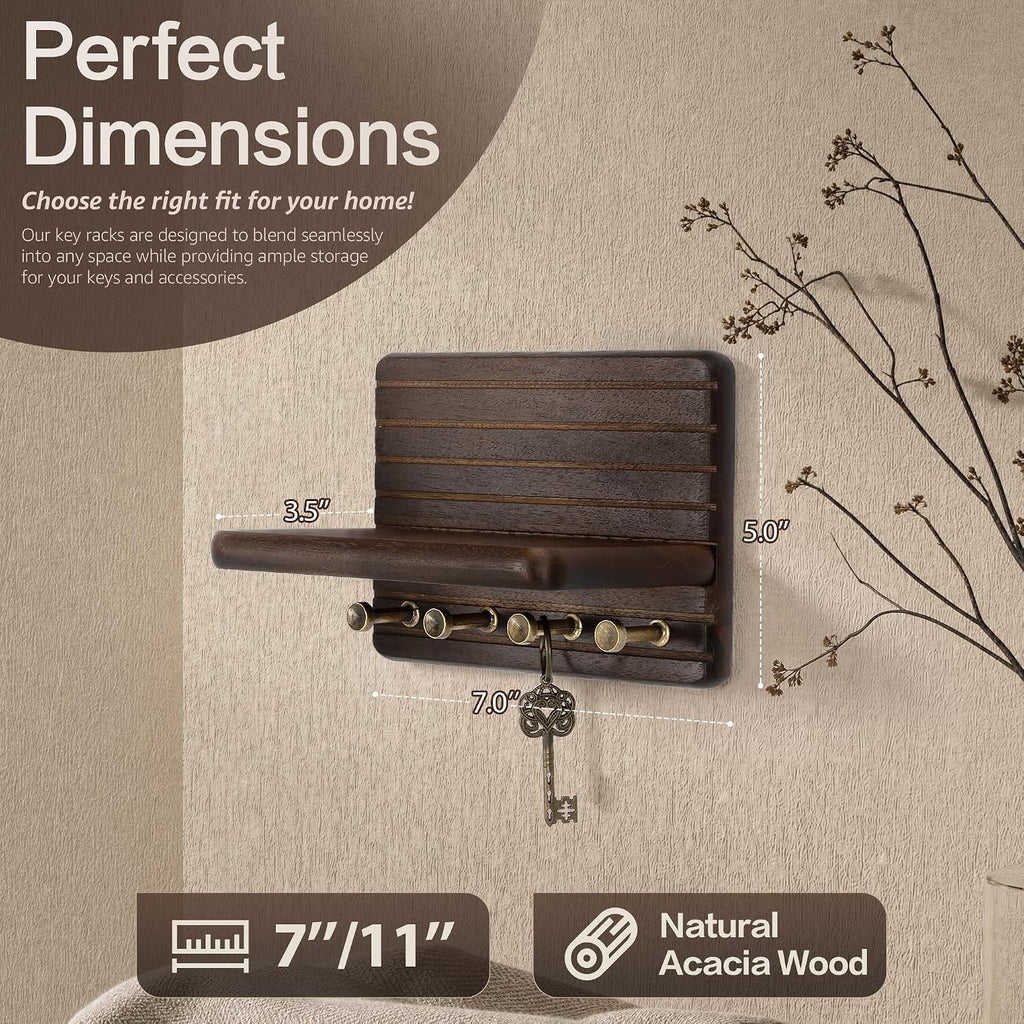 Rebee Vision Acacia Wood Key Holder Wall Mount for Entryway, Dark Brown