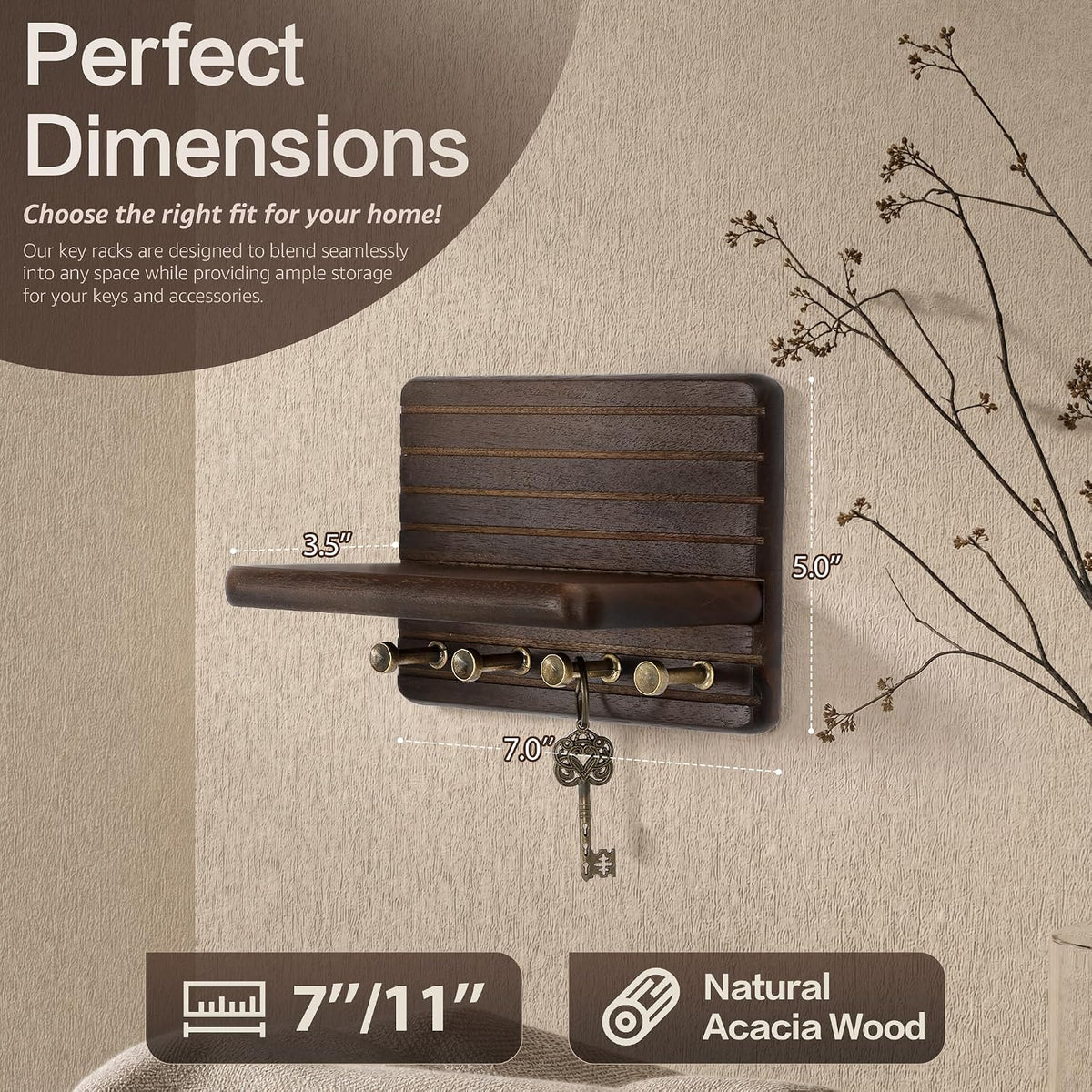 Rebee Vision Acacia Wood Key Holder Wall Mount for Entryway, Dark Brown