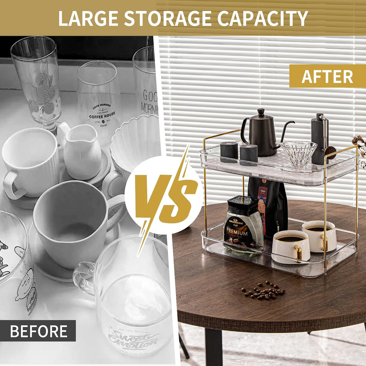 Coffee Bar Accessories, Station Organizers,Large Capacity Storage with Drain Board,Whisky Tray,Mug Tea Cup Holder Coffee Bar Organizer,White Clear