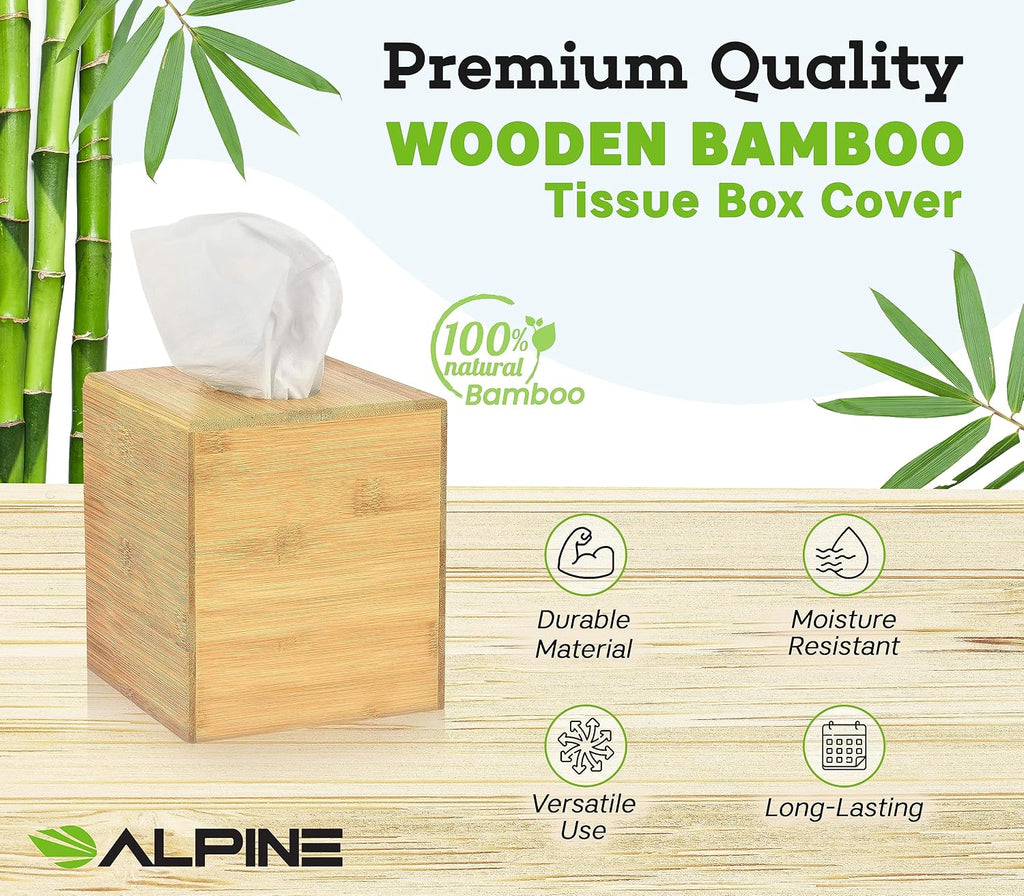 Alpine Industries Wooden Bamboo Square Tissue Box Cover - Eco Friendly Pull Cube Dispenser - Decorative Holder/Organizer for Bathroom, Office Desk & Car (Bamboo),405-BMB