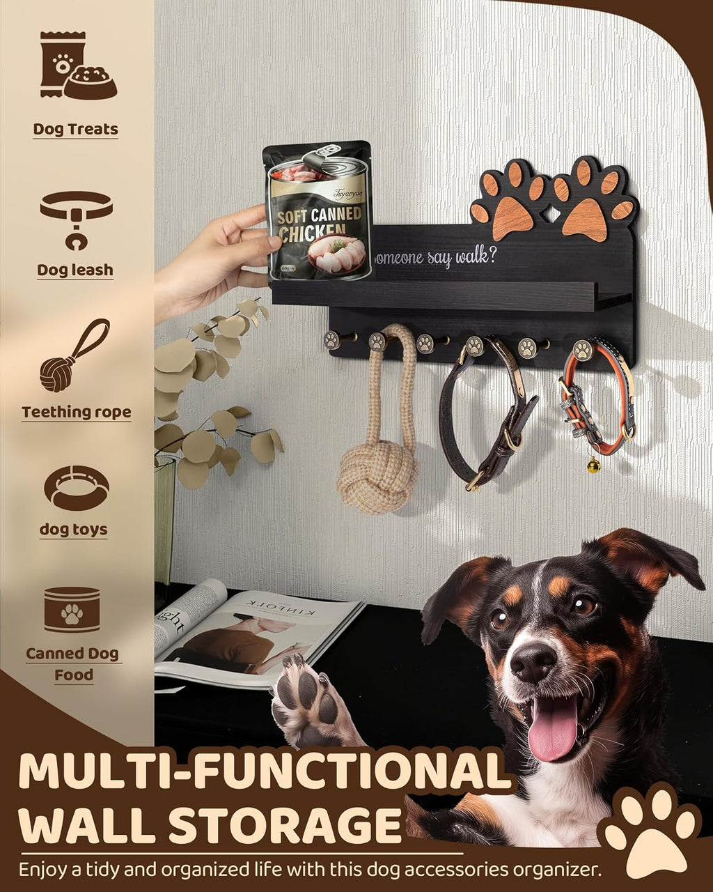 MTERSN Decorative Dog Leash Holder for Wall with Shelf & 6 Hooks, Black