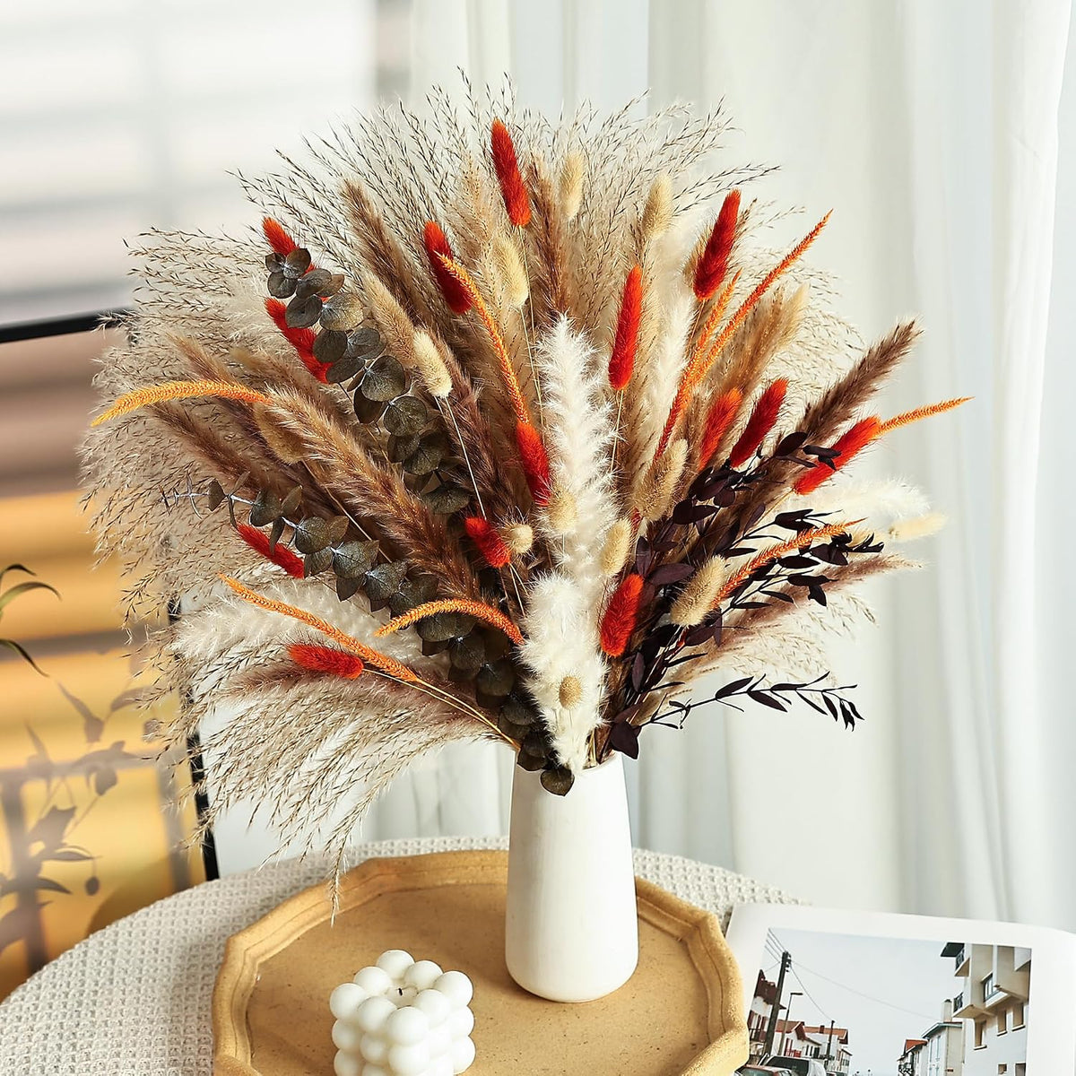 Burnt Orange Rustic Dried Flower Bouquet – Natural Pampas Grass, Eucalyptus & Bunny Tails in Farmhouse-Inspired Floral Arrangement for Home and Event Decor (Hearthlight Amber)