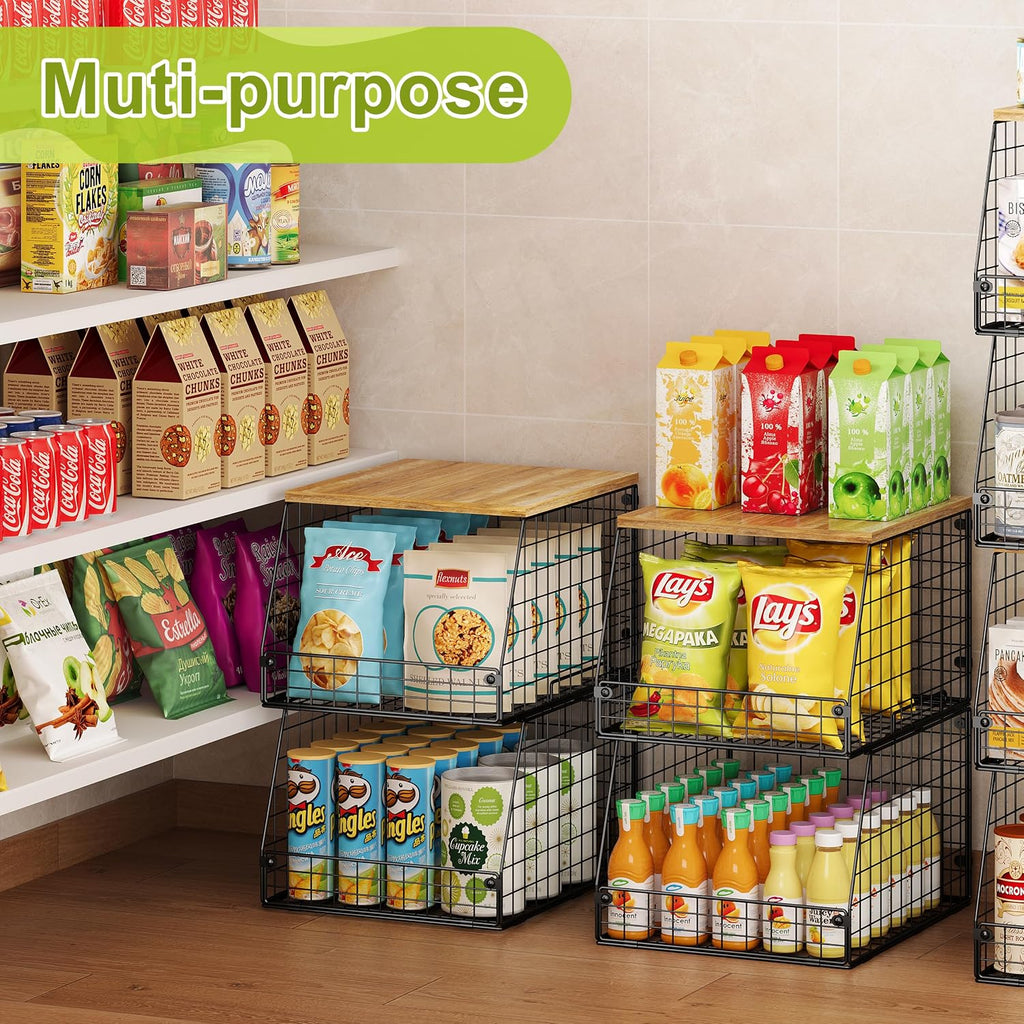 Jakyitvi 4 Pack Stackable Wire Baskets with Fixed Wooden Top, Vegetable Fruit Storage Bins for Onion Potato Snack, Pantry Baskets for Kitchen Cabinet Countertop, Pantry Organizers and Storage Rack