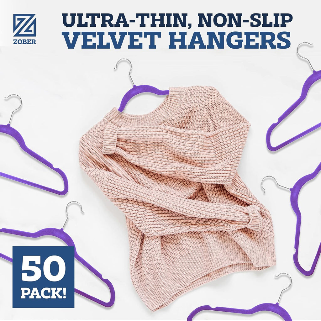 Zober Purple Velvet Hangers 50 Pack, Slim Non Slip Clothes Hangers