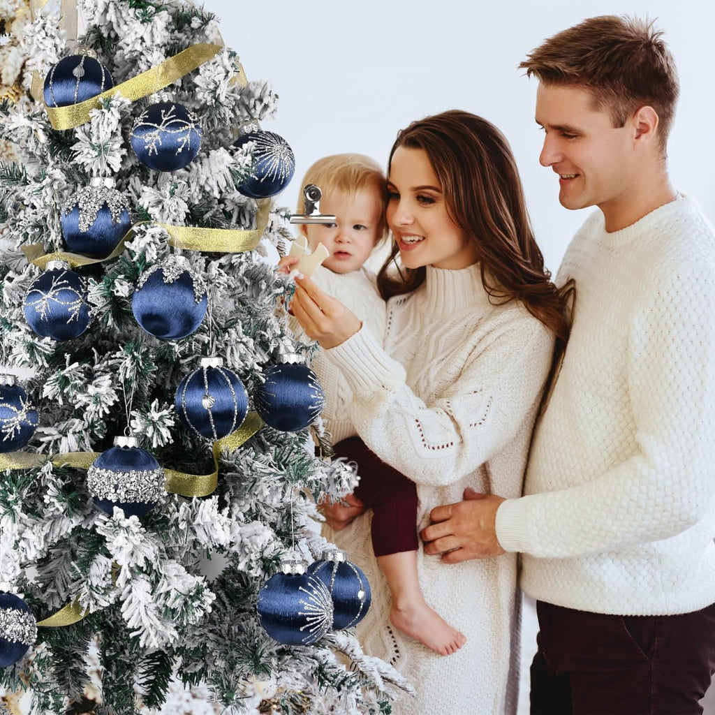 Christmas Balls Navy Blue Ornaments - Pack of 15 Luxury Christmas Tree Decorations Shatterproof - Satin Glitter Xmas Bulbs Set, 80mm 3.15 inch