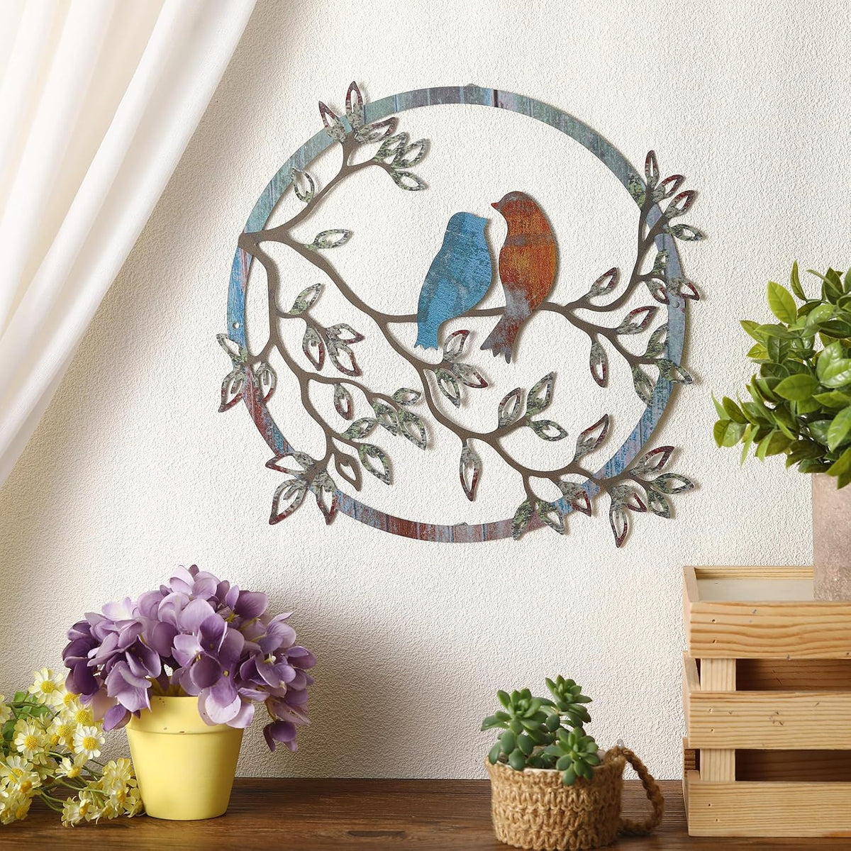 Ferraycle Metal Bird Wall Decor Bird Hanging Ornament, Retro Color