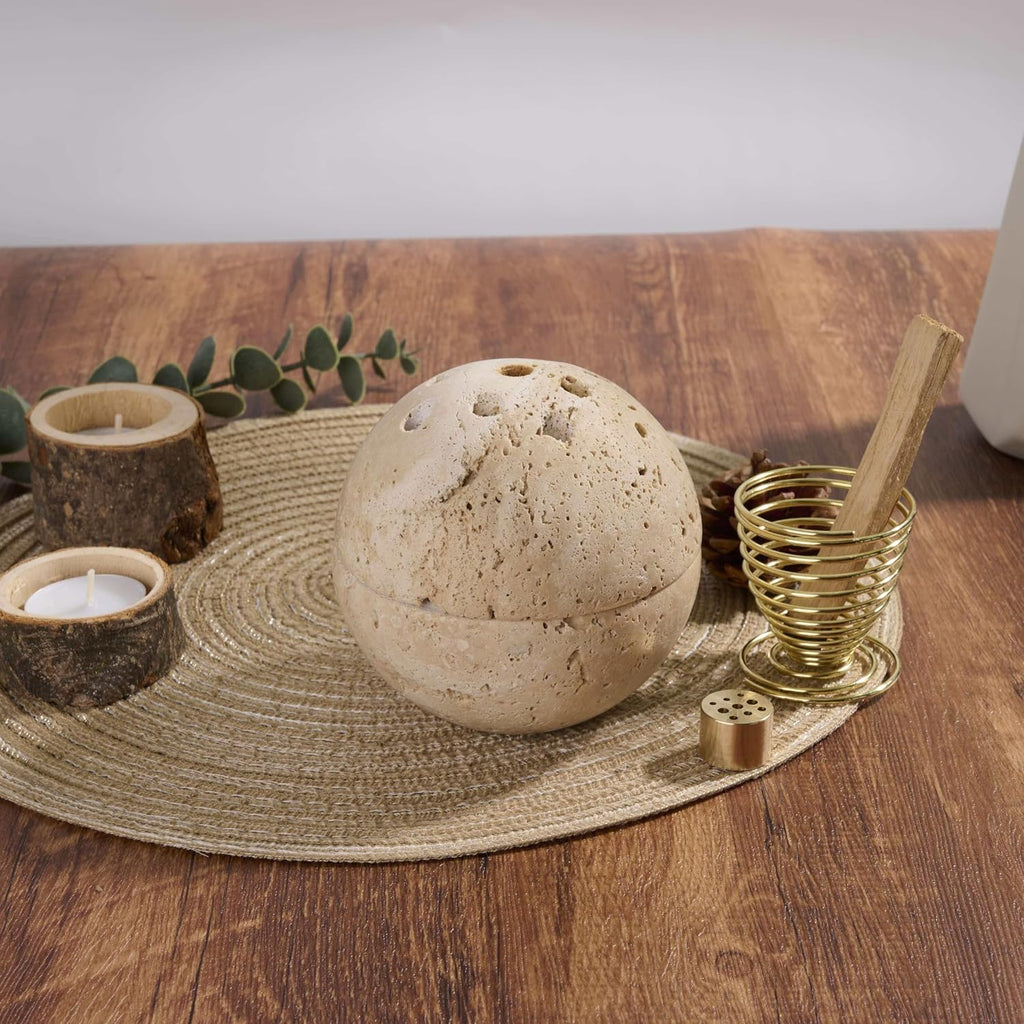 Handmade Travertine Stone Incense Resin Burner Holder – Natural Stone Incense Burner with Brass Insert for Home Decor & Relaxation