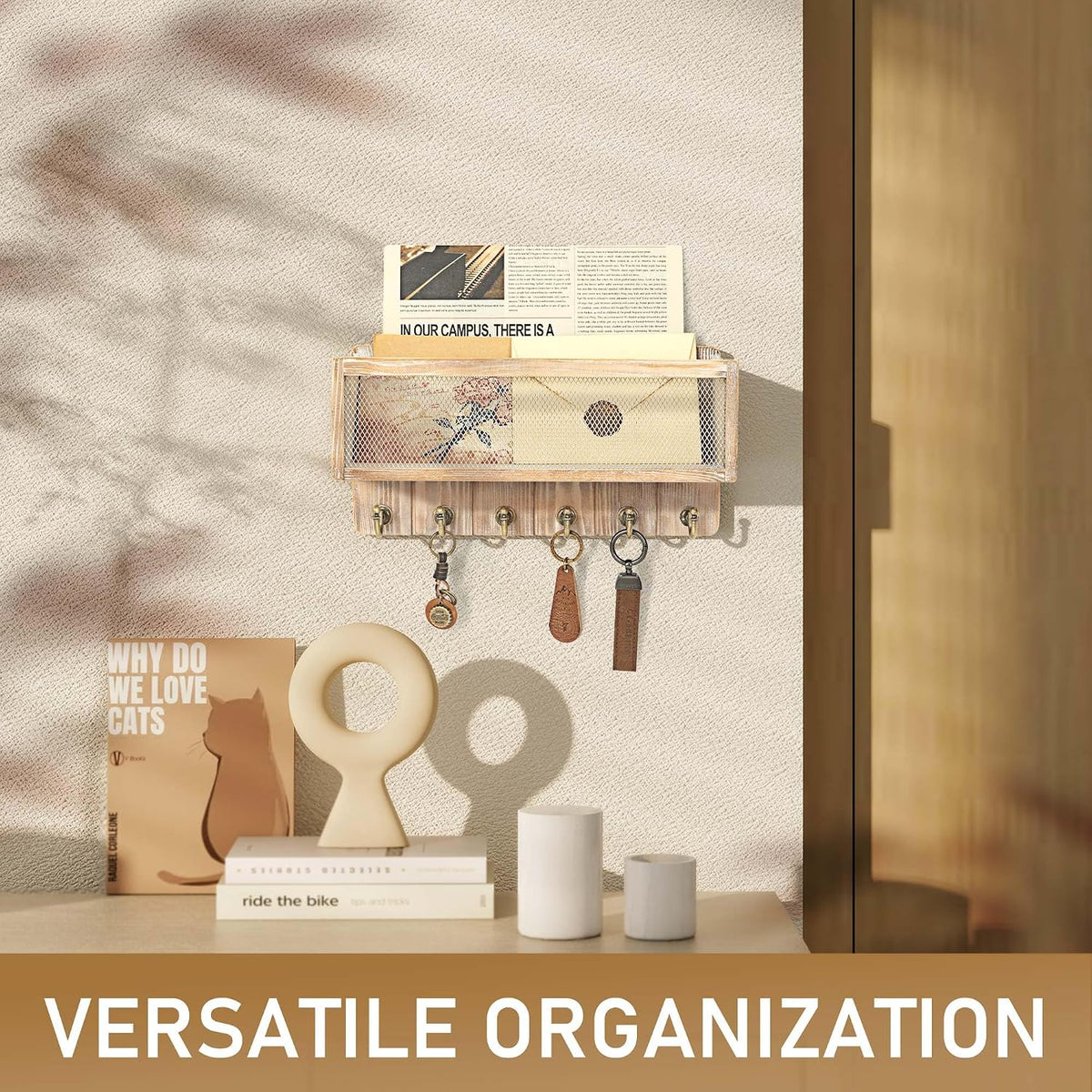 Rebee Vision Key Holder Wall Mount with Mail Basket for Home, Natural Wood