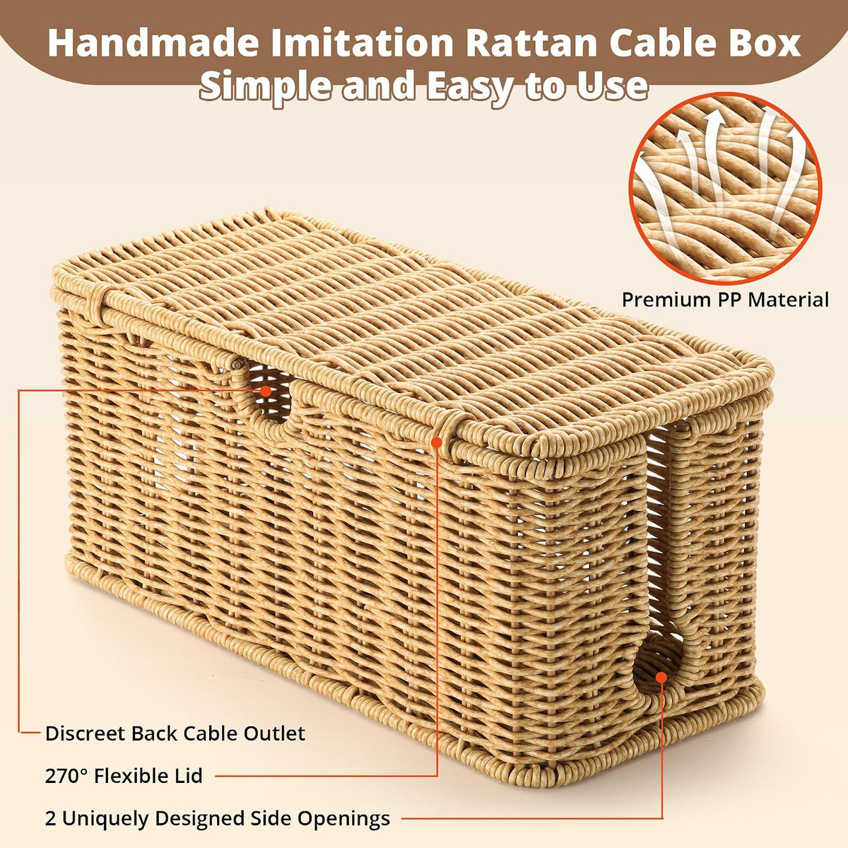 ZhiYo Rattan Cable Management Box, Brown Cord Organizer, 12.5" x 5" x 5.2"