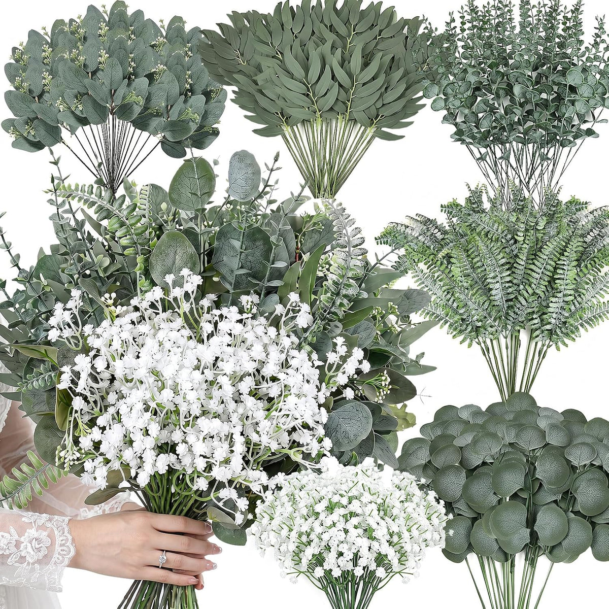 150Pcs Greenery Artificial Eucalyptus Stems Leaves Bulk, 6 Kinds